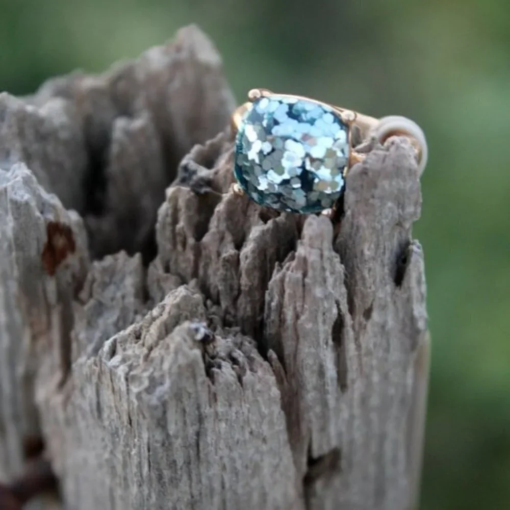 Blue Glitter Ring Rounded Square Gold Base Jewelry